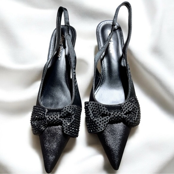 Size 9………Black Satin Rhinestone Bow Buckle Heels.  PUBLIC DESIRE - Picture 3 of 8